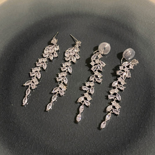Copper Zircon Waterdrop Tassel Stud Earrings With Silver Pins Elegant Minimalist Geometric Style