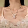 Zircon Strawberry Faux Pearl Necklace For Women, Sweet Elegant Old Money Collarbone Chain view 3