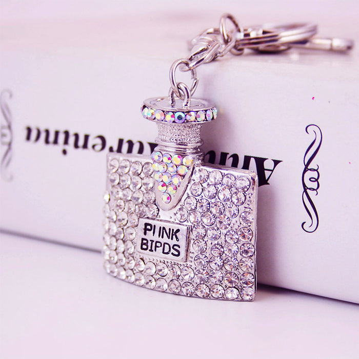 Silver Rhinestone Perfume Bottle Keychain Crystal Bag Charm