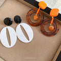 Coffee Tone Resin Round Oval Drop Earrings With Silver Needle Posts, Retro Contrast Geometric Style view 2