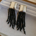 Geometric Square Glass Tassel Drop Earrings With Silver Pin Minimalist European Style view 2