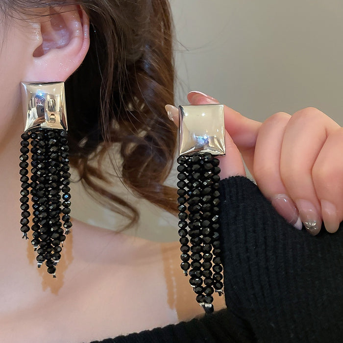 Geometric Square Glass Tassel Drop Earrings With Silver Pin Minimalist European Style