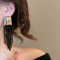 Geometric Square Glass Tassel Drop Earrings With Silver Pin Minimalist European Style view 3