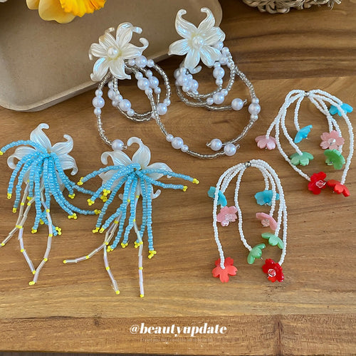 Sweet Floral Faux Pearl Glass Bead Tassel Drop Earrings With Silver Posts