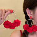 Purple Chiffon Flower Stud Earrings With Silver Pins, Round Hollow Vacation Style Fabric Jewelry view 3