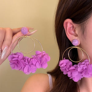 Purple Chiffon Flower Stud Earrings With Silver Pins, Round Hollow Vacation Style Fabric Jewelry