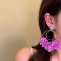 Purple Chiffon Flower Stud Earrings With Silver Pins, Round Hollow Vacation Style Fabric Jewelry view 2