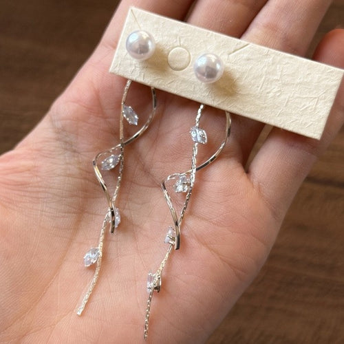 Copper Zircon Leaf Tassel Pearl Drop Earrings For Women Minimalist OL Style