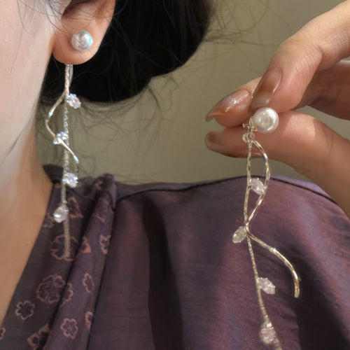 Copper Zircon Leaf Tassel Pearl Drop Earrings For Women Minimalist OL Style