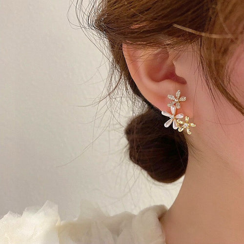 14K Gold Plated Silver Pin Zircon Flower Faux Pearl Stud Earrings Elegant Everyday Jewelry