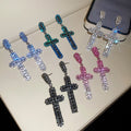 Copper Cross Pendant Drop Earrings With Rhinestone Inlay Silver Needle European Geometric Style view 3