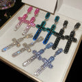 Copper Cross Pendant Drop Earrings With Rhinestone Inlay Silver Needle European Geometric Style view 1