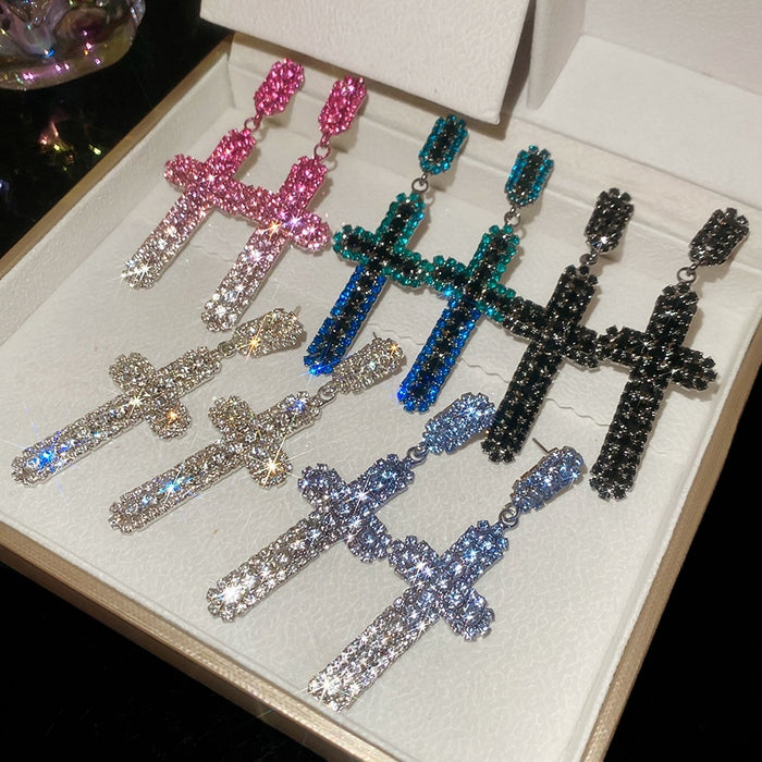 Copper Cross Pendant Drop Earrings With Rhinestone Inlay Silver Needle European Geometric Style
