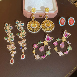 Vintage Light Luxury Copper Colorful Zircon Flower Stud Earrings With Silver Pins For Women