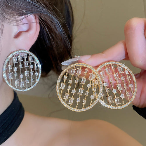 Metal Round Hollow Zircon Stud Earrings, Minimalist Geometric Light Luxury European Style