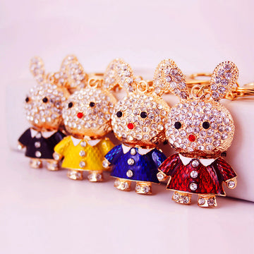 Rhinestone Rabbit Keychain With Colorful Shirt And Lobster Clasp