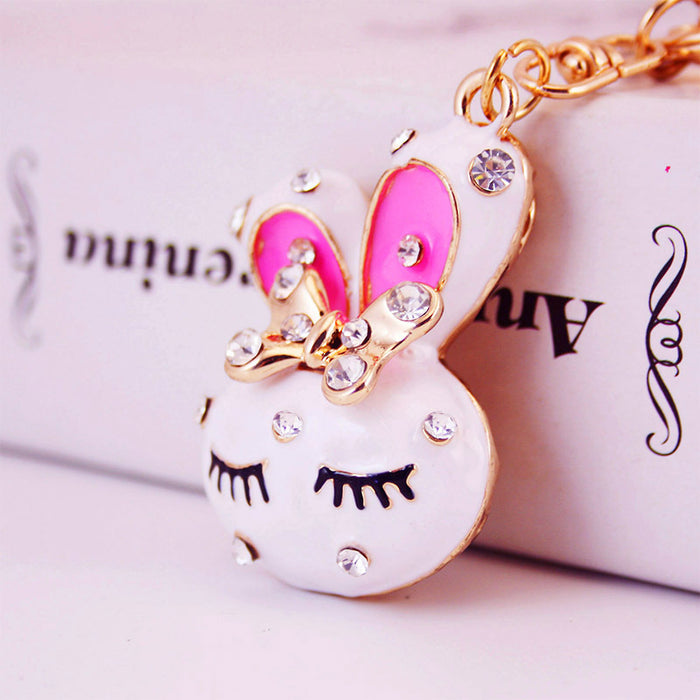 Cute Rhinestone Rabbit Head Keychain Zinc Alloy Bag and Car Charm