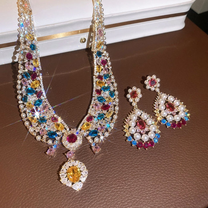 Court Style Faux Pearl Zircon Oval Earrings And Necklace Jewelry Set