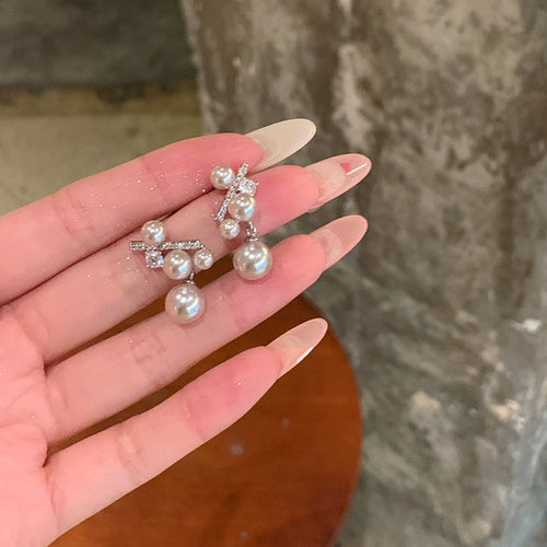 Light Luxury Geometric Round Faux Pearl Zircon Rose Stud Earrings With Silver Pins