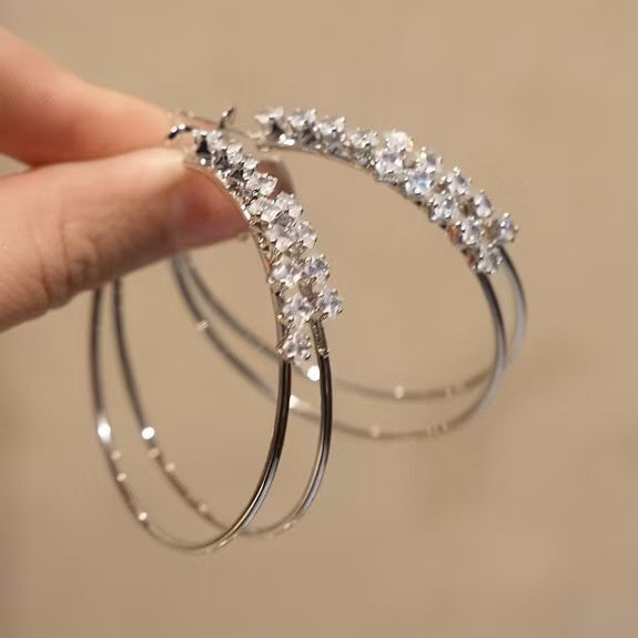 Copper Zircon Round Double Layer Clip-on Earrings For Women, Light Luxury Statement No Piercing Jewelry