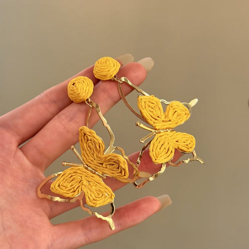 Light Luxury Copper Raffia Butterfly Stud Earrings With Silver Pins, Floral Geometric Beach Vacation Style