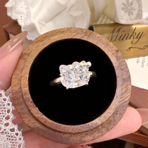 Silver Tone Zircon Cartoon Cat Open Ring For Women