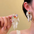 Sweet Resin Flower And Leaf Tassel Drop Earrings With Silver Pin For Summer Beach Vacation view 1