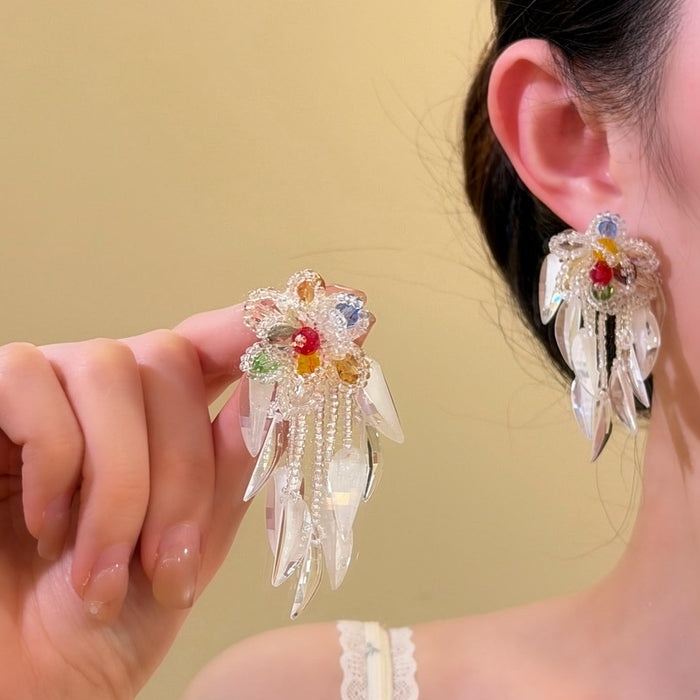 Sweet Resin Flower And Leaf Tassel Drop Earrings With Silver Pin For Summer Beach Vacation