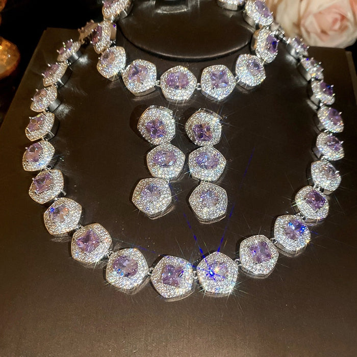 Court Style Purple Zircon Copper Jewelry Set With Oval Necklace Bracelet Earrings For Women