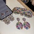 Sweet Style Copper Zircon Flower Stud Earrings And Bracelet Jewelry Set With Silver Posts view 3