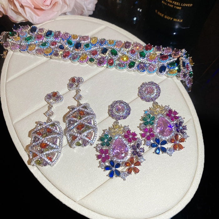 Sweet Style Copper Zircon Flower Stud Earrings And Bracelet Jewelry Set With Silver Posts