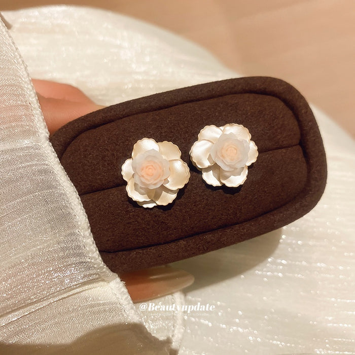Korean Style Resin Flower Stud Earrings For Women, Elegant Light Luxury Floral Jewelry