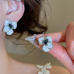 Alloy Enamel Flower Stud Earrings With Rhinestone Accents, Elegant Versatile Design