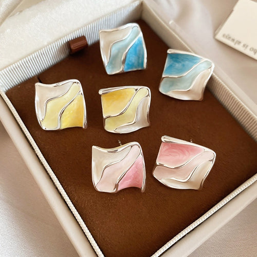Copper Rhombus Enamel Stud Earrings, Minimalist Color Contrast OL Fashion Jewelry