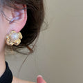 13K Gold Plated Silver Needle Faux Pearl Flower Stud Earrings For Women Fashion OL Jewelry view 3