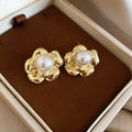 13K Gold Plated Silver Needle Faux Pearl Flower Stud Earrings For Women Fashion OL Jewelry view 2