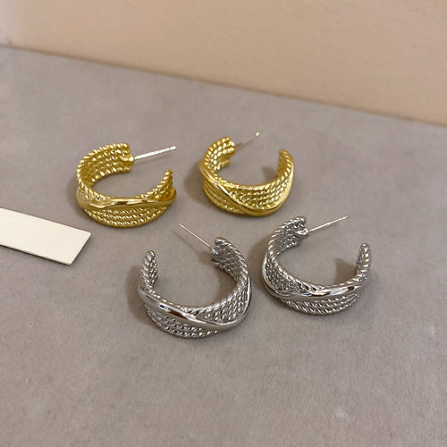Textured Metal C Shape Stud Earrings With Silver Posts, Geometric European Style Ear Jewelry