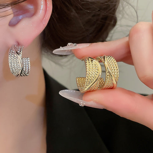 Textured Metal C Shape Stud Earrings With Silver Posts, Geometric European Style Ear Jewelry