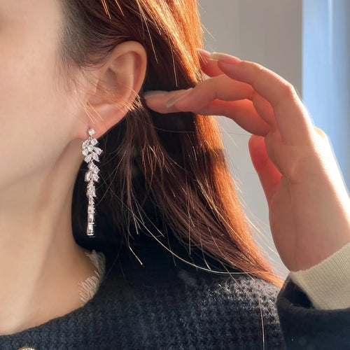 Copper Teardrop Zircon Tassel Stud Earrings With Silver Needle, Playful Geometric Style