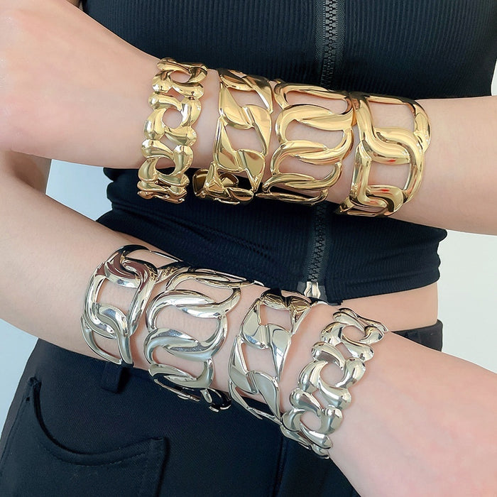 Light Luxury Iron Hollow Open Cuff Bangle With Round Fashion OL Design