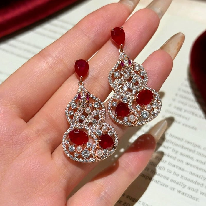 Chic Copper Zircon Hollow Gourd Stud Earrings New Chinese Retro Geometric Ethnic Style Jewelry