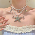 Sweet Cool Faux Pearl Star Cross Rhinestone Choker Necklace For Women view 3