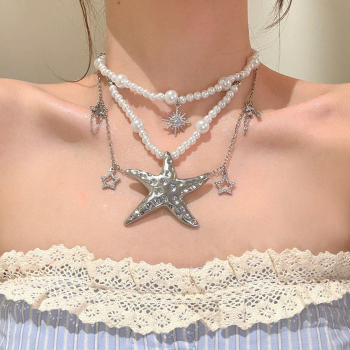 Sweet Cool Faux Pearl Star Cross Rhinestone Choker Necklace For Women