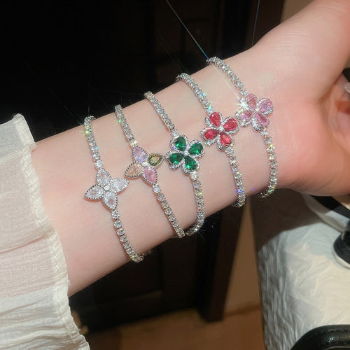 Korean Style Sparkling Zircon Flower Copper Bangle For Women Light Luxury Fashion Jewelry
