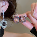 Copper Zircon Square Flower Stud Earrings, Elegant Palace Light Luxury Geometric Design view 2