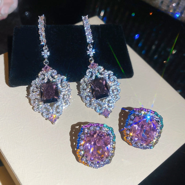 Copper Zircon Square Flower Stud Earrings, Elegant Palace Light Luxury Geometric Design