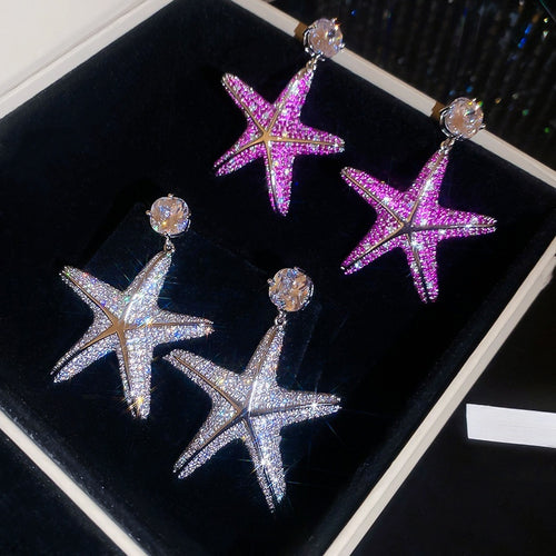 Copper Zircon Starfish Pendant Drop Earrings For Women, European Light Luxury Style