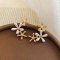 14K Gold Plated Silver Post Zircon Flower Faux Pearl Stud Earrings For Women view 4