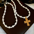 Vintage Cross Faux Pearl Necklace Light Luxury Geometric Pendant Collarbone Chain view 4