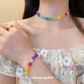 Dopamine Color Faux Crystal Beaded Flower Jewelry Set Fresh Forest Style Necklace Bracelet Ring view 4